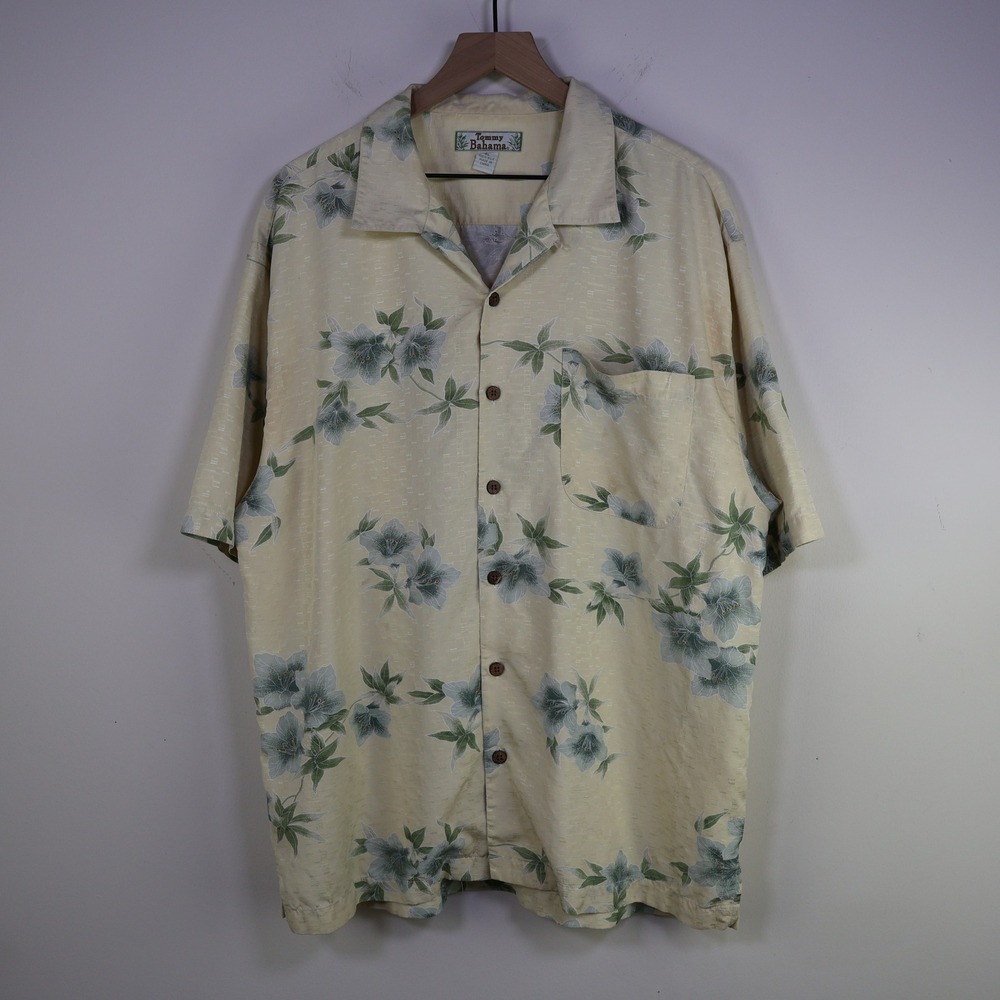 Vintage Tommy Bahama‎ Silk Floral Jacquard Camp Shirt XL Tropical Beach Cream